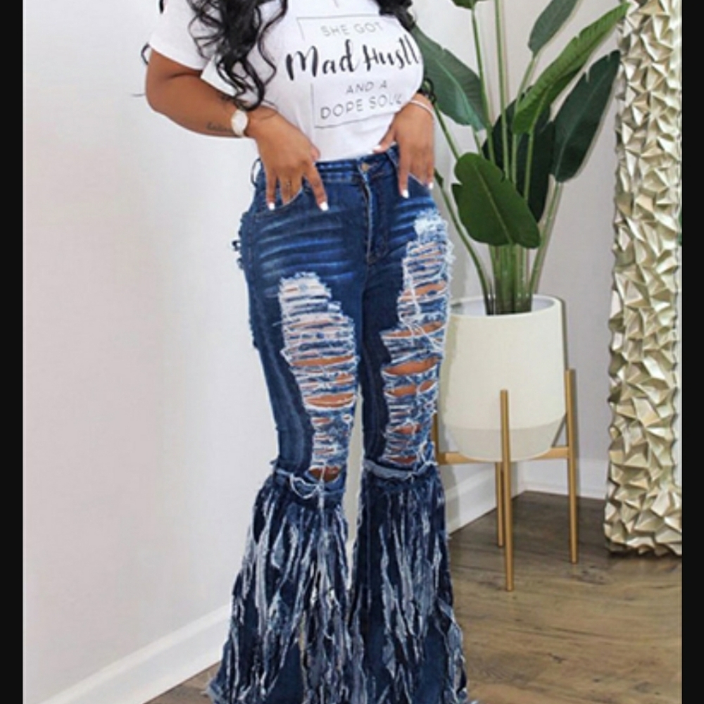 Ripped Fringe bell bottom jeans sz L